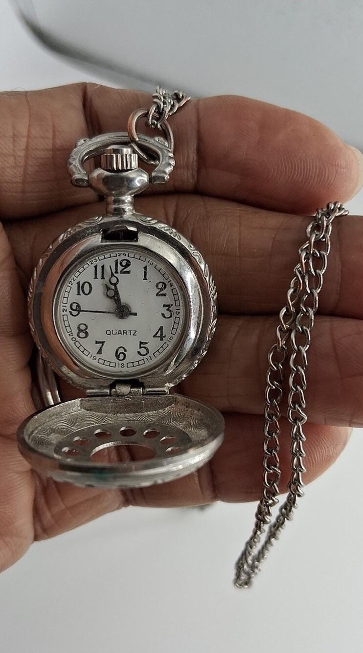 Vintage Style Silver Tone Engraved Half Hunter Pocket Watch Pendant Necklace